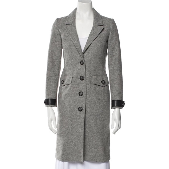 NEW Authentic Burberry Brit Gray Wool Peacoat With Leather Trim